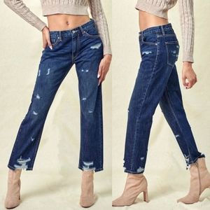 KANCAN Distressed Dark Wash Relaxed Straight Leg Jeans